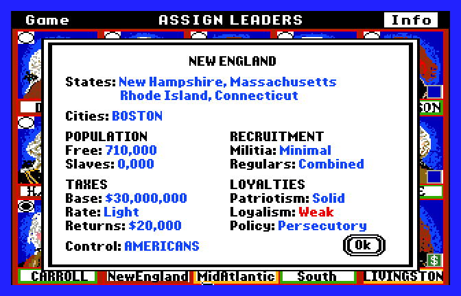 Revolution '76 (Apple IIgs) screenshot: Area Information