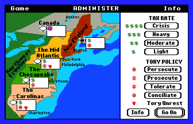 Revolution '76 (Apple IIgs) screenshot: Region Census and Tax Rates and Tory Sentiment