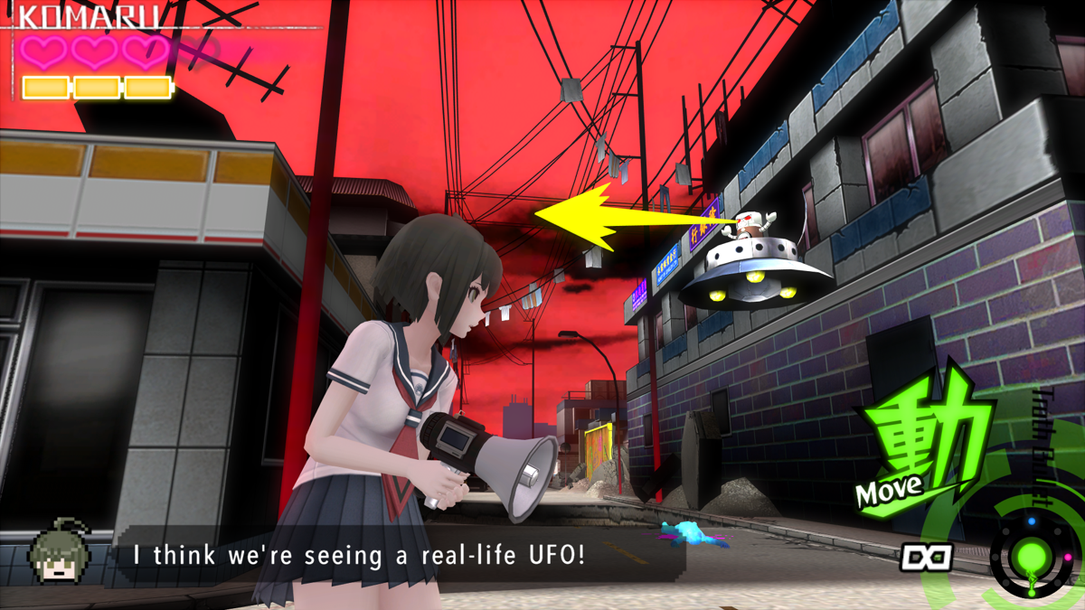 Danganronpa: Another Episode - Ultra Despair Girls (Windows) screenshot: In some areas, this UFO will tell you where to go next
