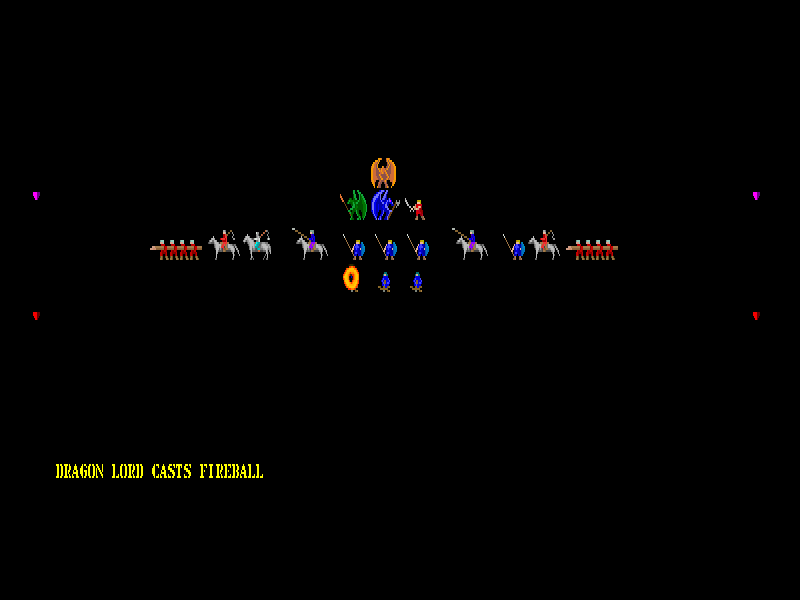 Conquest of Elysium II (DOS) screenshot: An enemy Dragon Lord attacks in person. But we have more troops.