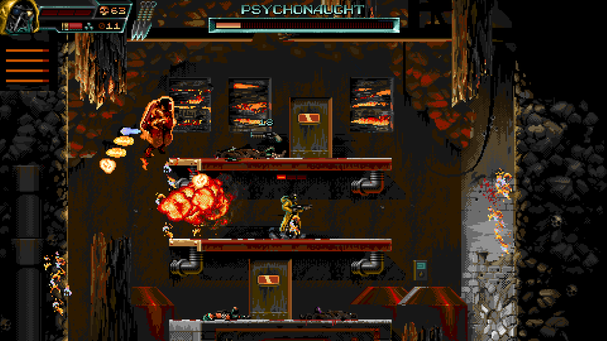 Huntdown (Windows) screenshot: This boss is a pyro maniac
