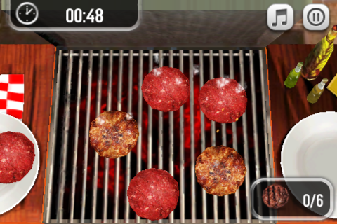 Pocket Chef (iPhone) screenshot: Tapping the burgers flip them