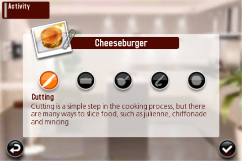 Pocket Chef (iPhone) screenshot: First step of making a cheeseburger: cutting