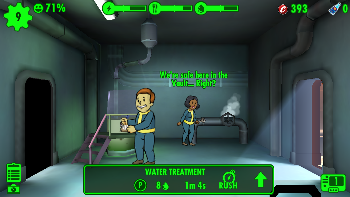 Fallout Shelter (iPhone) screenshot: The water purification room is essential, clean water is hard to come by in the wasteland.