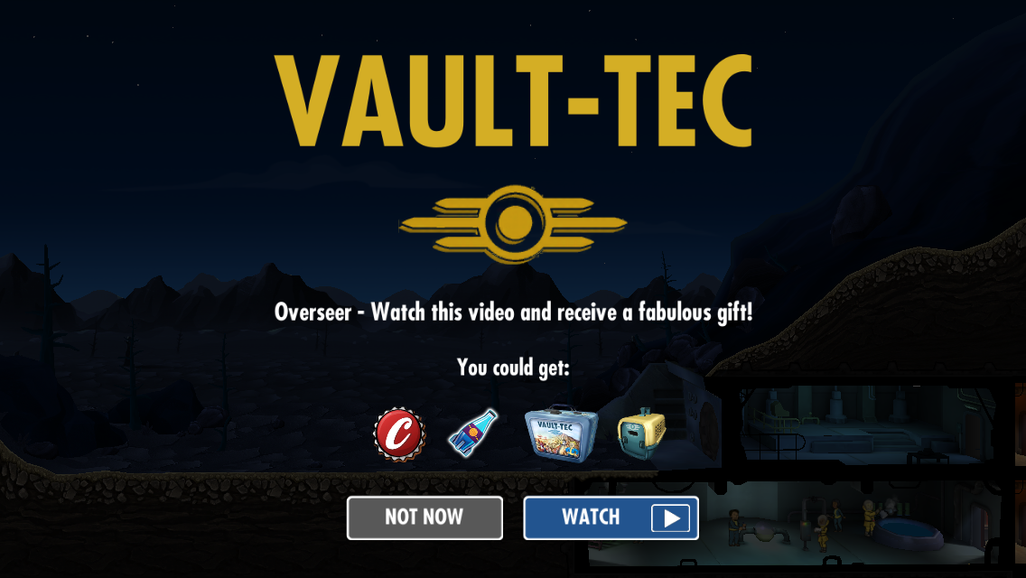 Fallout Shelter (iPhone) screenshot: Watch a commercial to receive bottlecaps, Nuka-Cola bottles, lunchboxes or a pet carrier.