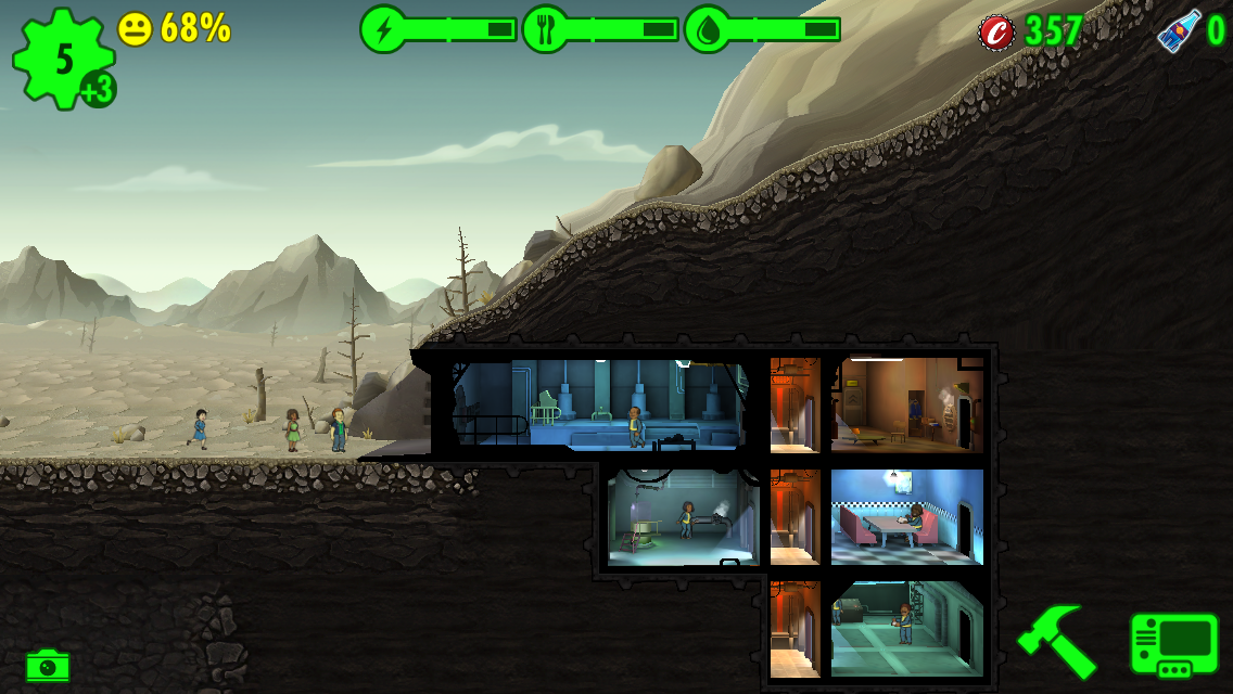 Fallout Shelter (iPhone) screenshot: Dwellers are waiting for permission to enter the new vault.