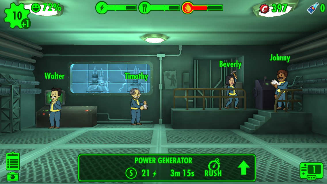 Fallout Shelter (iPhone) screenshot: I have assigned four dwellers to the power generator.