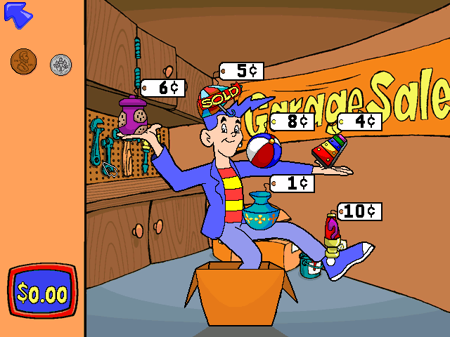 Big Thinkers! 1st Grade (Windows 16-bit) screenshot: The garage sale puzzle is tricky because you can't buy whatever you want - you always have to buy exactly three items and spend all the available coins.