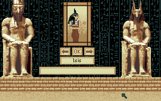 Day of the Pharaoh (Amiga) screenshot: Choosing a god to give an offering to.