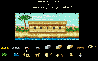 Day of the Pharaoh (Amiga) screenshot: These items must be collected for the offering.