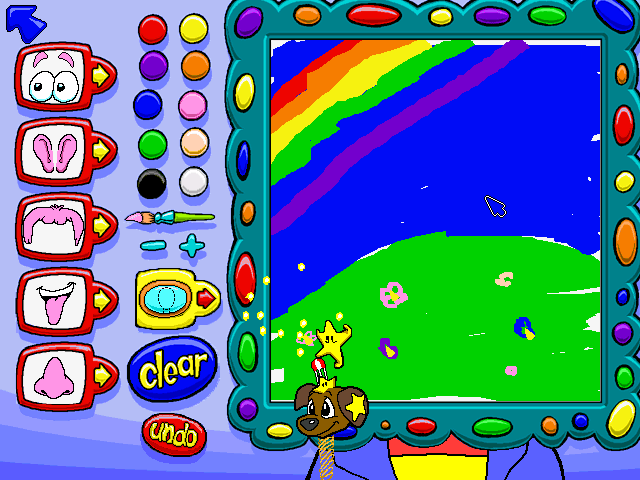 Big Thinkers! Kindergarten (Windows 3.x) screenshot: Elements for using in the portrait mostly look ugly. Fortunately, you don't have to paint a caricature of Ben, you can use an empty virtual canvas and paint... a jolly gay rainbow, for example.