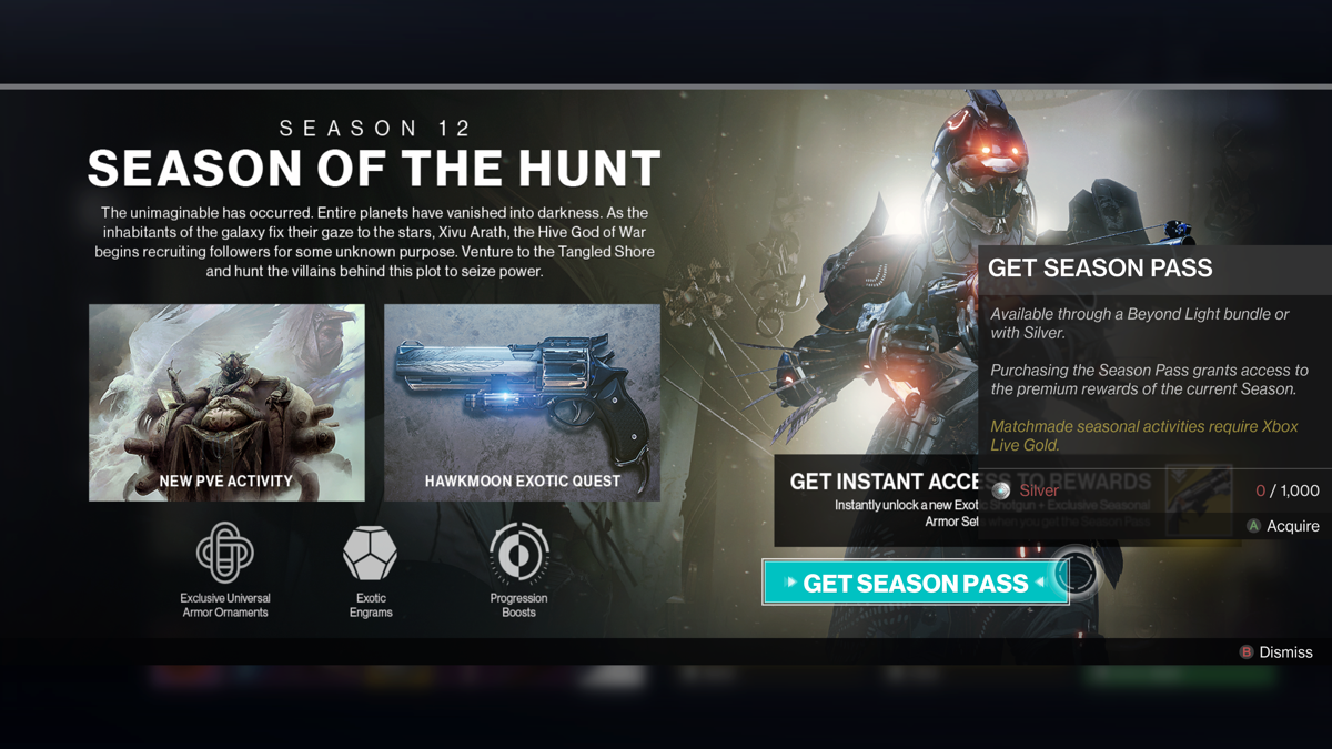 Destiny 2: Beyond Light + Season (Xbox One) screenshot: Players can get the season pass through this bundle or buy it with silver from the in-game store.