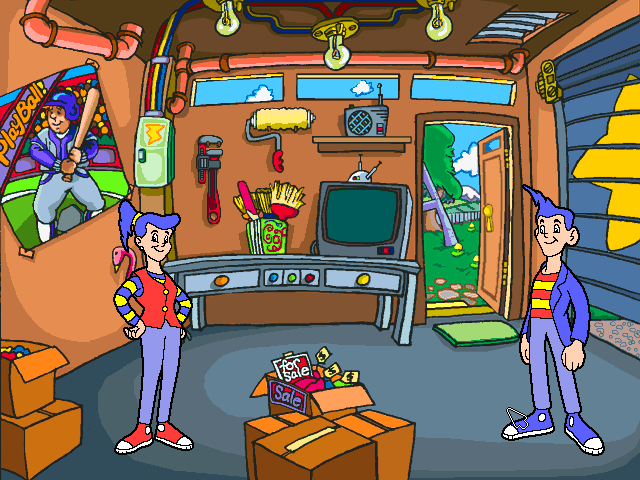 Big Thinkers! 1st Grade (Windows 16-bit) screenshot: Ben and Becky's parents must have cut down the woods to build their stinkin' garage. :( Proof: it's at the same place, between the garden and the playroom. ;)