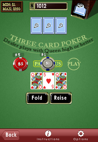 Astraware Casino (iPhone) screenshot: Three-Card Poker