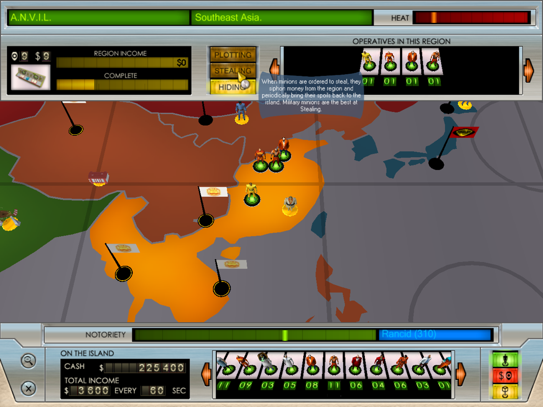 Evil Genius (Windows) screenshot: Managing your minions' plotting and larceny around the world.