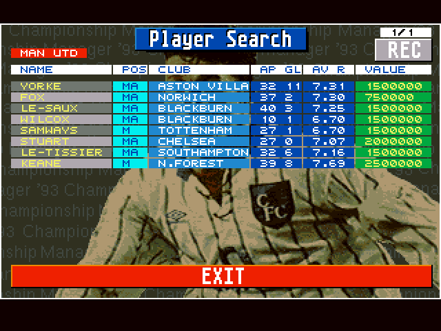 Championship Manager 93 (Amiga) screenshot: Player Search