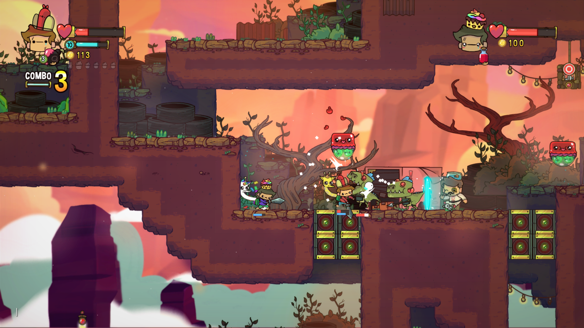 The Adventure Pals (Windows) screenshot: Fighting some dinosaurs and exploding jelly