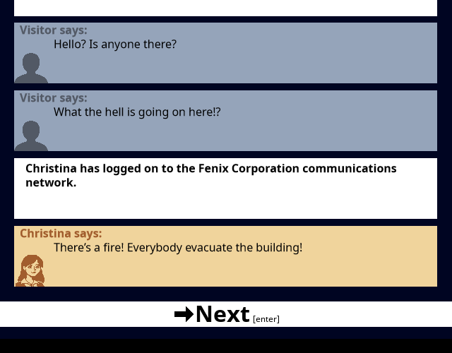 no-one has to die. (Browser) screenshot: The game starts with a fire in the Fenix Corporation HQ.