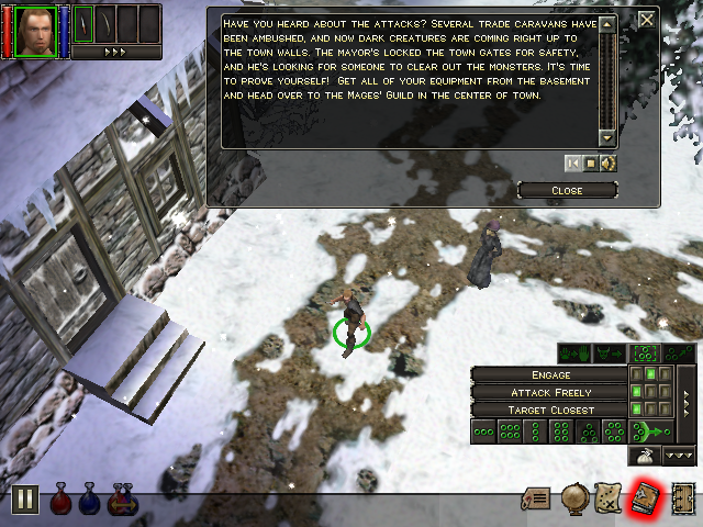 Dungeon Siege: Legends of Aranna (Windows) screenshot: Game start -- a local person tells you what's going on and what you have to do