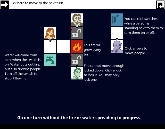 no-one has to die. (Browser) screenshot: The first in a series of puzzles, which involve the protagonist having to decide whom to save from the fire.