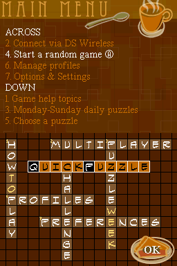 The New York Times Crosswords (Nintendo DS) screenshot: Main Menu