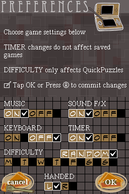 The New York Times Crosswords (Nintendo DS) screenshot: Preferences