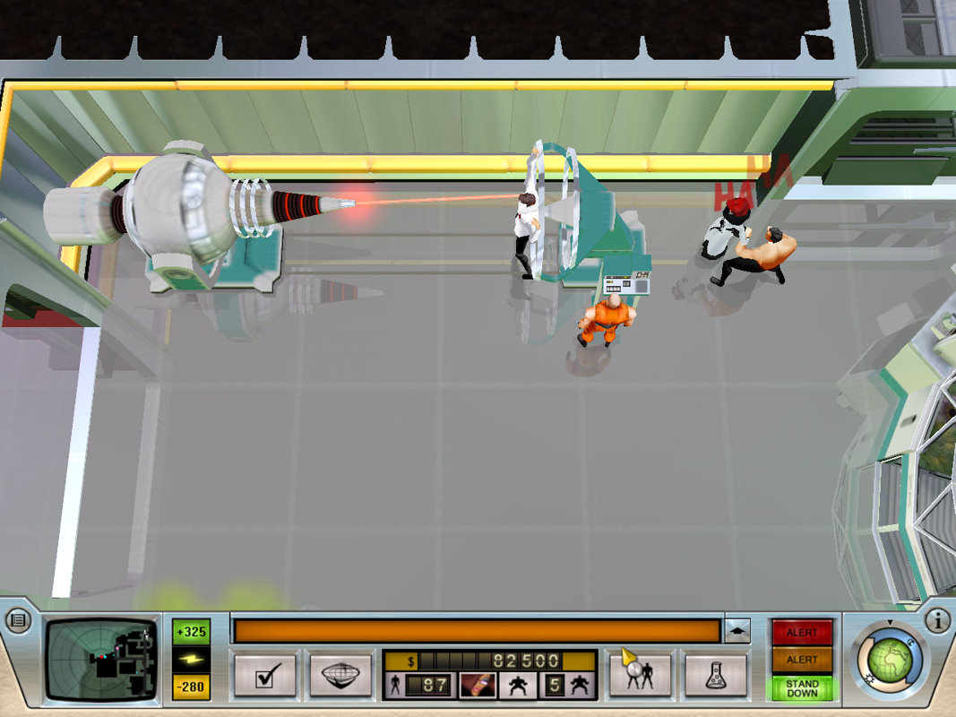 Evil Genius (Windows) screenshot: Torturing a James Bond lookalike with a laser while your evil genius watches. So classic.