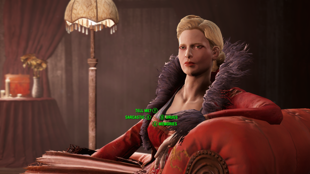 Fallout 4 (Xbox One) screenshot: Talking to Irma, the co-proprietor of the Memory Den.