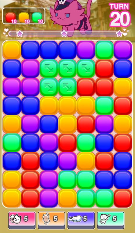 Neco Drop 2 (Browser) screenshot: Playfield. Tapping on any of the groups of coloured blocks will destroy them, and large groups of blocks have special effects.