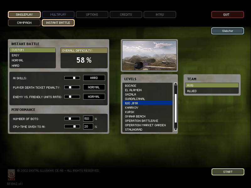 Battlefield 1942 (Windows) screenshot: Main Menu with Instant Battle screen open