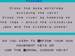 Frogger (ZX Spectrum) screenshot: Instruction and game options screen.