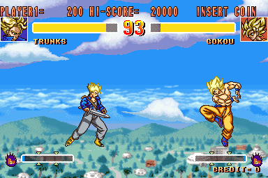 Dragon Ball Z 2: Super Battle (Arcade) screenshot: You can kick your opponents into the air and back.