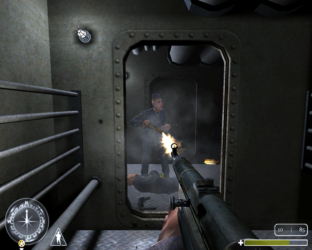 Call of Duty (Windows) screenshot: Fighting inside the German boat.