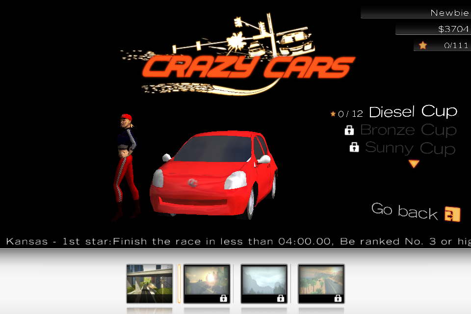 Crazy Cars: Hit the Road (iPhone) screenshot: Career mode menu
