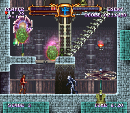 Castlevania: The Adventure - ReBirth (Wii) screenshot: Two rotating traps, a skeleton, and two homing enemies - too much action on screen!
