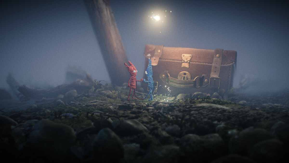 Unravel Two (Windows) screenshot: After getting on shore, Yarny meets a friend - the second player