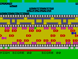 Frogger (ZX Spectrum) screenshot: Frog made it halfway!