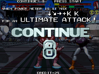 Avengers in Galactic Storm (Arcade) screenshot: A special move is revealed on the continue screen.