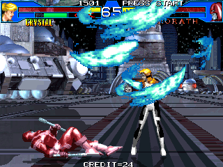 Avengers in Galactic Storm (Arcade) screenshot: Crystal uses her Wind special move.