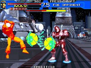 Avengers in Galactic Storm (Arcade) screenshot: Black Knight is hit.