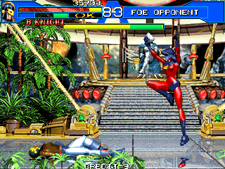 Avengers in Galactic Storm (Arcade) screenshot: A jumping attack from Minerva