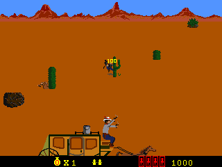 Cheyenne (Arcade) screenshot: Riding through the desert, the bucket of water is for when the stagecoach catches on fire in the more difficult levels