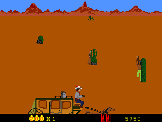 Cheyenne (Arcade) screenshot: The Apache Braves gang always appears from behind the same cactus, with flashing green and white pants