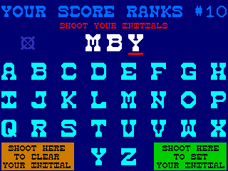 Cheyenne (Arcade) screenshot: Game over, shoot your initials to enter your name on the high score list