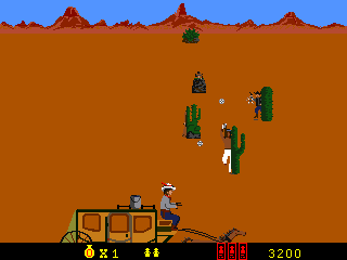 Cheyenne (Arcade) screenshot: A gang member and other enemies appear from behind the cactuses in the the desert