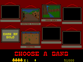 Cheyenne (Arcade) screenshot: The next set of three levels opens up, or cash in gold for bonus points 4500 x 1
