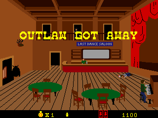 Cheyenne (Arcade) screenshot: Buster Badshot was hit, the outlaw got away