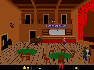 Cheyenne (Arcade) screenshot: Inside the Last Dance Saloon, look out for that buffalo