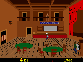 Cheyenne (Arcade) screenshot: Inside the saloon you can also shoot the pianist and the taxidermy deer head