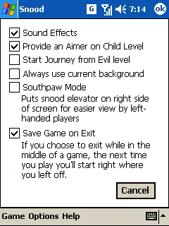 Snood (Windows Mobile) screenshot: Game options